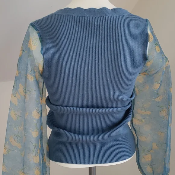 SIONI blu knit with Sheer floral Long Sleeves Sweater Top Cornflower blue Size S - Picture 6 of 16